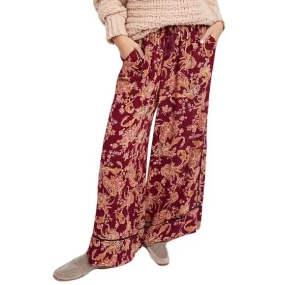 Free People Pants - Free People Intimately Bali Wildflower Floral Burgundy Wide-Leg Pants M